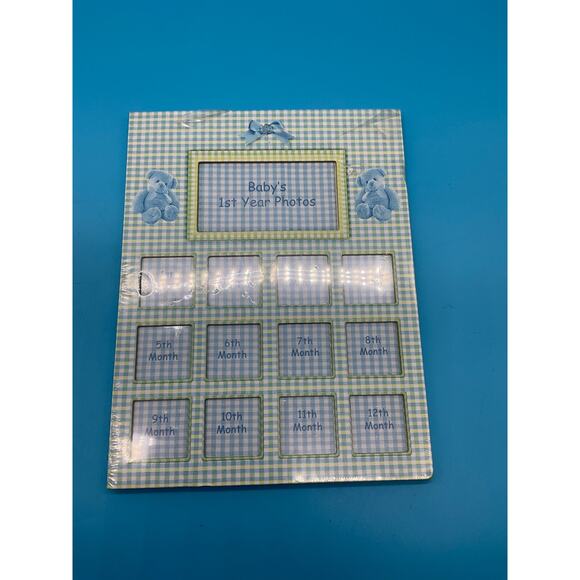 Baby’s 1st Year Photo Frame Blue Plaid 12 Month Memory Collage 8.5x11 - Picture 1 of 3